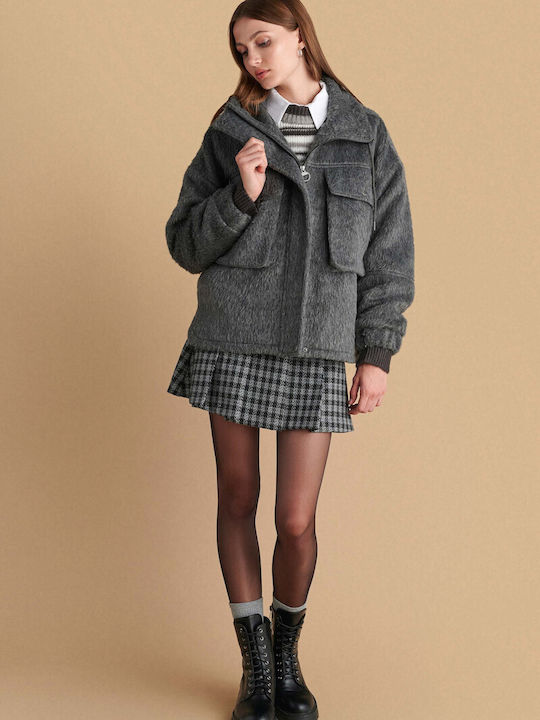 Women's Gray Peacoat with Zipper