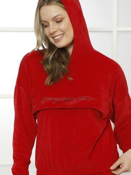 Snc Damen Weihnachts-Samt-Pyjama mit Kapuze Tasche Rot