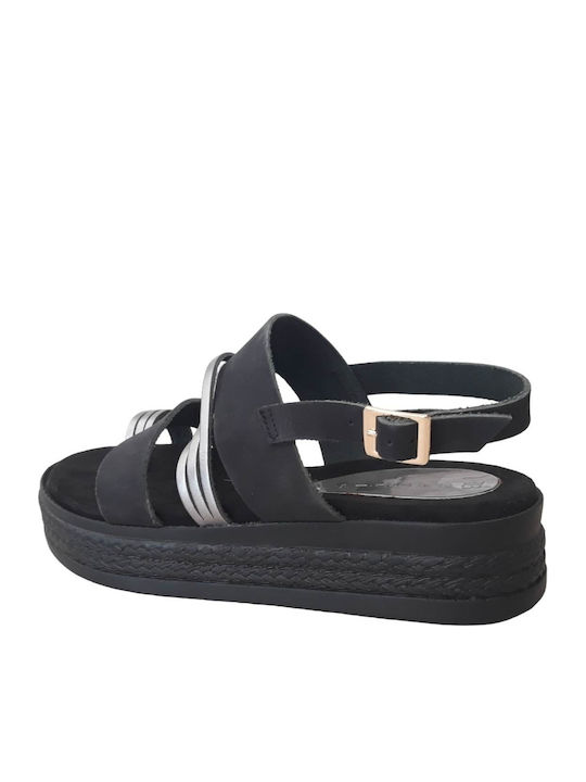 Leather Flatform Silver Details Narrow Fit Choose One Size Larger 1010 Black Women's Flat Sandals
