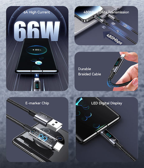 Usams Braided USB 2.0 Cable USB-C male - USB-A 66W Μαύρο 1.2m SJ673USB01