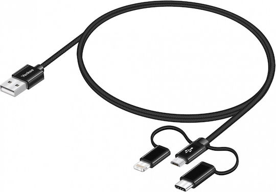 Yenkee Braided USB to Lightning / Type-C / micro USB Cable Μαύρο 1m (YCU 400 BK)