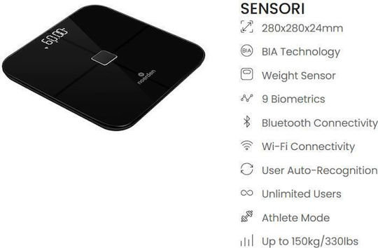 Sensori Smart Везна 180 kg с Анализ на Мазнини, Wi-Fi и Bluetooth, Черна