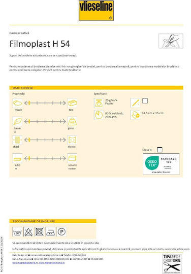 Inserție Autocolantă Pentru Broderie Bucăți Mici Decupate Filmoplast H54 Vlieseline 100 Cm Lungime X 54 Cm Lățime