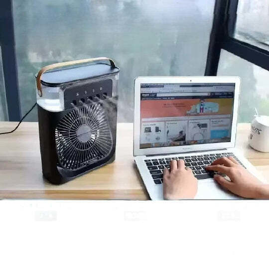 Fan Mini Air Cooler Usb Electric Fan Humidifier 7 Light Colors 3 Speeds 10w Black