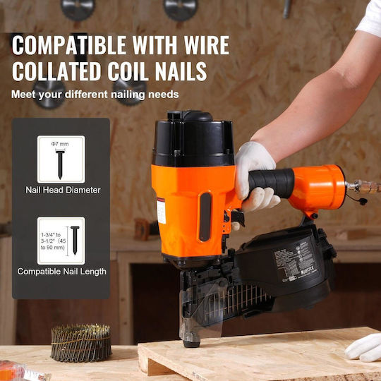 Pneumatic Staple Gun Range 44-90 Mm Capacity 225 Nails 6-8 Bar Depth Adjustment