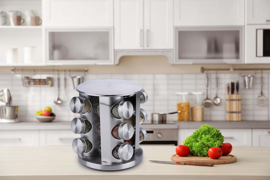 Alpina Appliances Θήκες Μπαχαρικών Ανοξείδωτες σε Περιστρεφόμενη Βάση Ασημί 12τμχ