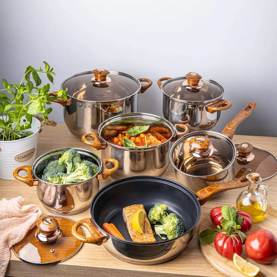 KING Hoff Set De Vase De Gătit Din Oțel Inoxidabil Rose Gold Cu Acoperire Antiaderentă 12 Piese