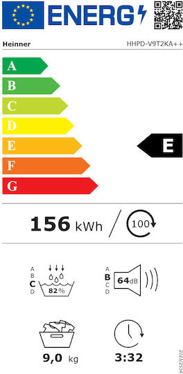 Heinner HHPD-V9T2KA++ Στεγνωτήριο 9kg A++ με Αντλία Θερμότητας