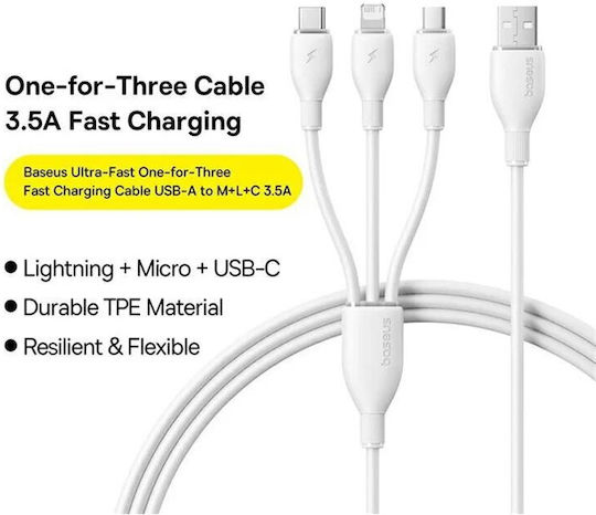 Baseus Retractable USB to Lightning / Type-C / micro USB 1.3m 3.5A Cable White (P10376303211-00)