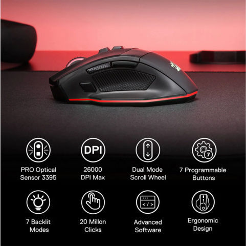Redragon Rind Pro M813 Безжична RGB Геймърска Мишка 26000 DPI Черен