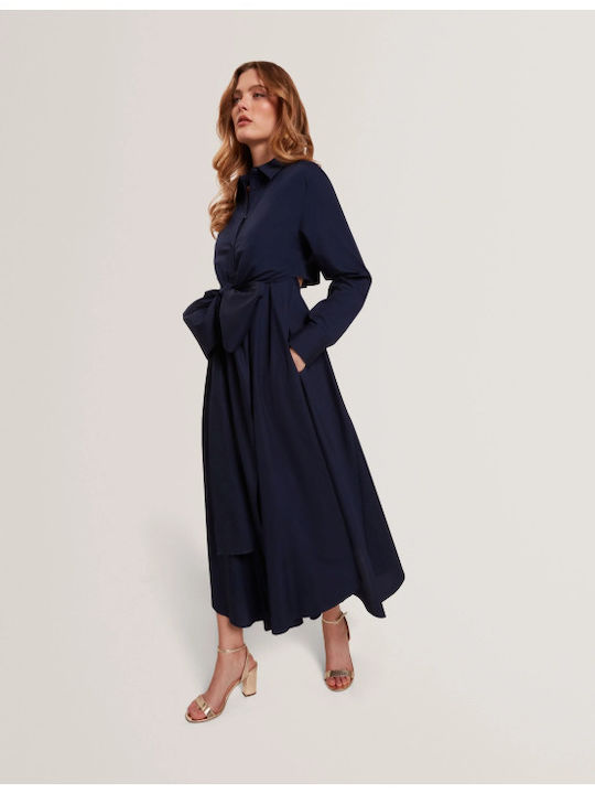 Ellisia Midi Σεμιζιέ Φόρεμα Μακρυμάνικο Μπλε