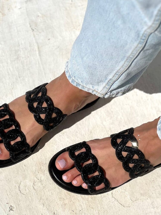 Leather Women's Flat Sandals in Black Color