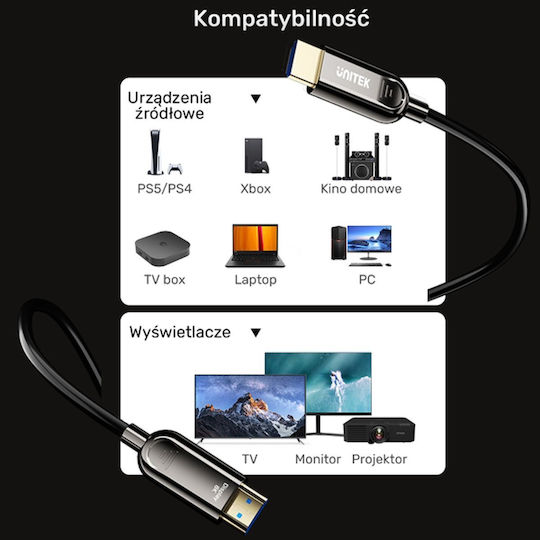 Unitek HDMI 2.1 Ultra High Speed 48Gbps 4K 120Hz HDR VRR Kabel HDMI-Stecker - HDMI-Stecker 100m Schwarz