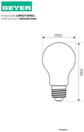 Geyer LED Bulb 12W for Socket E27 and Shape A70 Warm White 1160lm