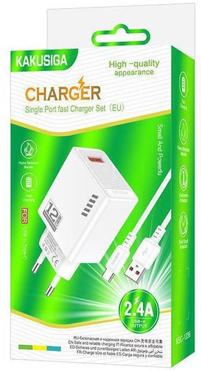 Kakusiga Φορτιστής με Θύρα USB-A και Καλώδιο USB-C 12W Λευκός (KSC-1236)