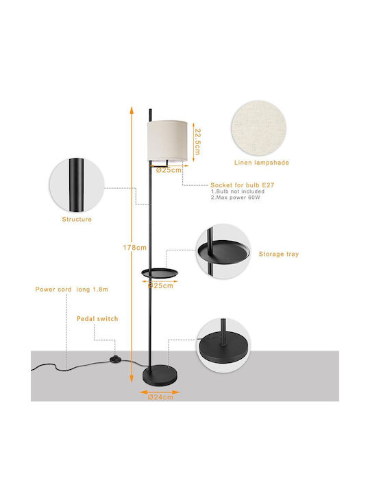 Bakaji Floor Lamp H178xW25cm. with Socket for Bulb E27 Black