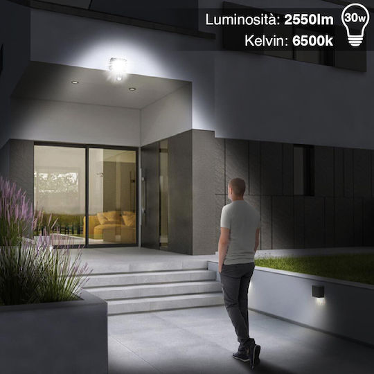 Bakaji Στεγανός Προβολέας LED 30W Ψυχρό Λευκό 6500K με Αισθητήρα Κίνησης και Φωτοκύτταρο IP65