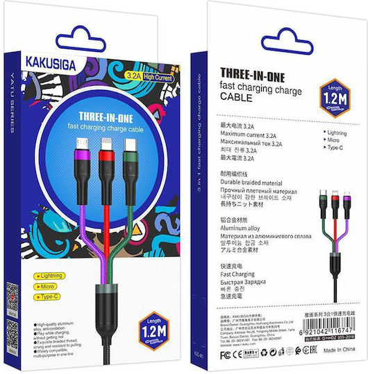 Kakusiga Braided USB to Lightning / Type-C / micro USB Cable Μαύρο 1.2m (KSC-481/BLACK)
