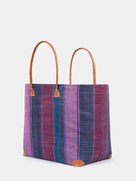 Ръчно Изработена Плажна Чанта Raffia На Райета Лилава