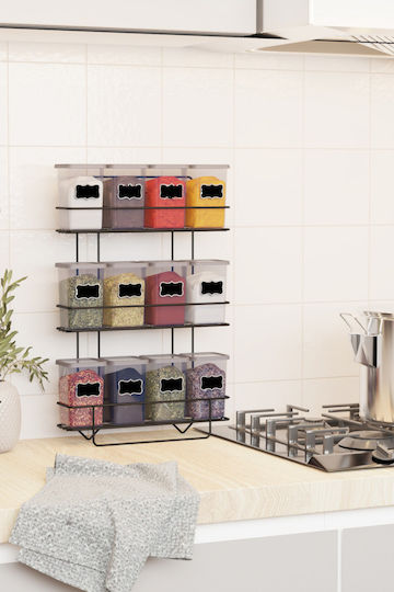 Femmit Spice Set 12 Pieces Metallic Rack – Spice Jars 450ml Lid Spoon Self-Adhesive Placement or Screws