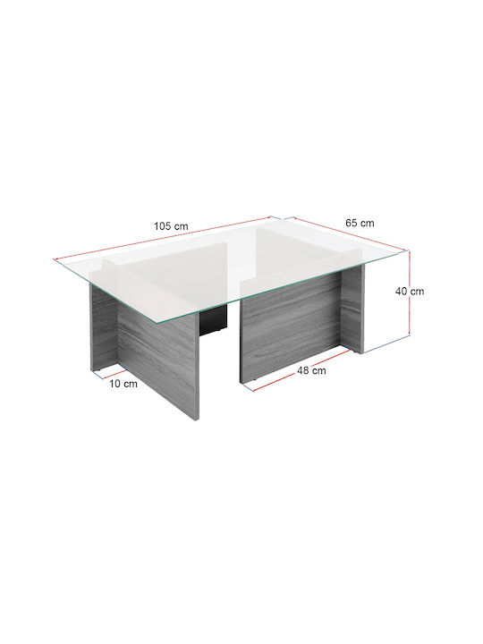 Rectangular Central Coffee Table Vetrino Glass Honey Oak W105xL65xH40cm