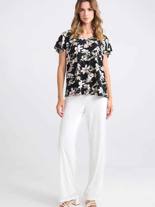 Women's Blouse Short Sleeve with V Neckline Floral Black