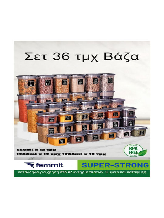 Femmit Set 36 Pieces General Use Jars 550 1,200 1,700 Ml Airtight Lid Plastic