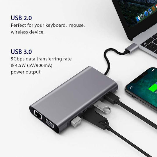 ATC USB-Hub 11 Anschlüsse USB 3.0 mit USB-A / Ethernet Grau