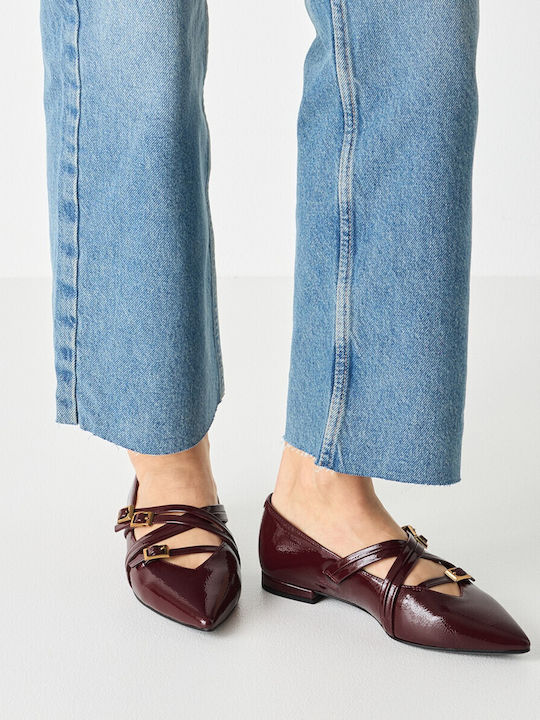 Synthetic Leather Pointy Ballerinas With strap Burgundy