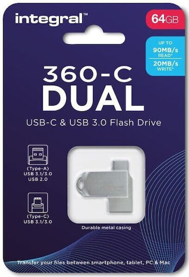 Integral 64GB USB 3.1 Stick mit Verbindung USB-A & USB-C Silber