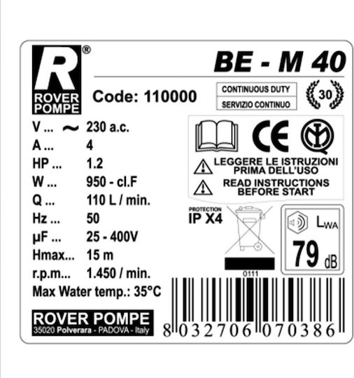 Rover Pompe BE-M 40 Einphasen-Transferpumpe mit Leistung 1.2hp
