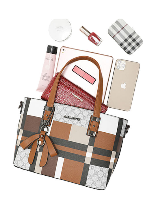 Gallantry Karierte Tote Tasche Damen Dekorative Schleifen Anhänger Schulterriemen Braune