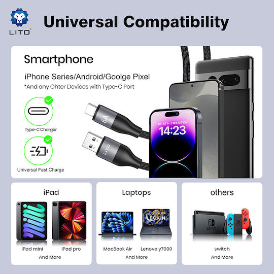 Lito Geflochten USB 2.0 Kabel USB-C männlich - USB-C 100W Gray 1m