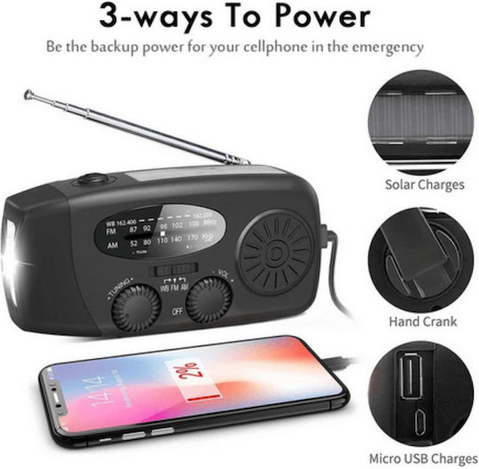 Kronos Crank Radio Φορητό Ραδιόφωνο Ηλιακό Μαύρο