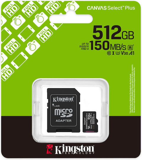 Kingston Canvas Select Plus microSDHC 512GB U3 V30 A1 UHS-I 150MB/s с адаптер