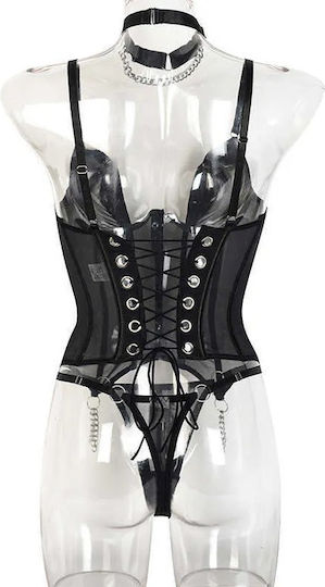 Set De Lenjerie Sexy Transparent Corset Colier Lanțuri Metalice Reglabile Spate Negru