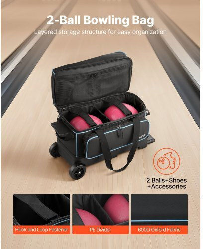 Vevor 2 Ball Bowling Bag Wheels Double Roller Bowling Bag Shoe Compartment
