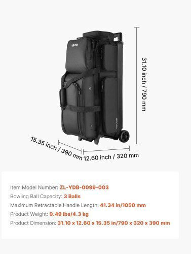 Vevor 3 Ball Bowling Bag Wheels Double Roller Bowling Bag Shoe Compartment