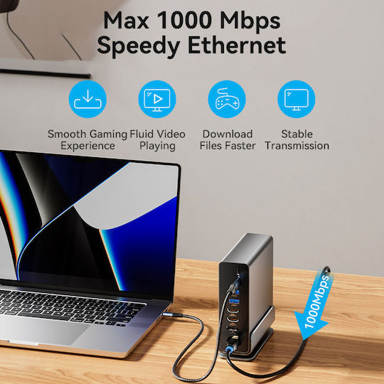 Vention USB-C Docking Station with HDMI/DisplayPort 4K PD Ethernet and Support for 3 Monitors Gray (TPUH0)