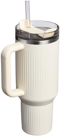 Stanley Quencher H2.0 Fluted Handled Tumbler Thermos Stainless Steel BPA Free 1.18lt Cream Gloss with Straw and Handle