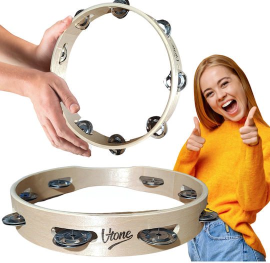 V-tone Beige Wooden Hand Tambourine with Single Row Jingles
