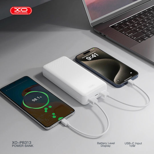 XO PB313 Power Bank 20000mAh 10W with 2 USB-A Ports and USB-C Port White
