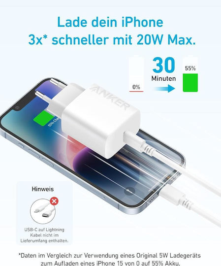 Anker Charger with USB-C Port and Cable USB-C - USB-C 20W Whites (B2347321)