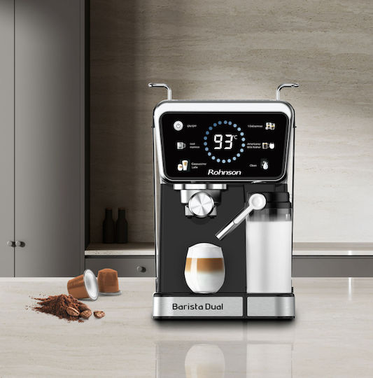 Rohnson Barista Dual Automatic Espresso Machine 1350W Pressure 20bar for Cappuccino Black