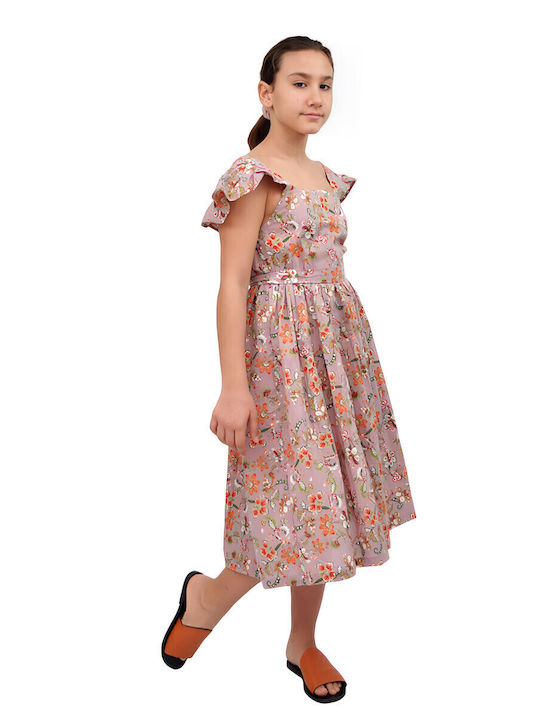 Mädchenkleid Kurzärmelig Blumen Set mit Zubehör Rosa