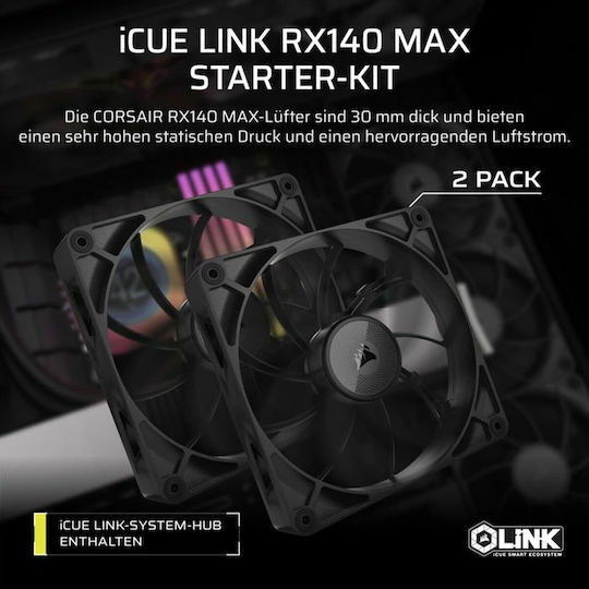 Corsair ICUE LINK RX140 Max Gehäuselüfter (1600rpm / 103.5cfm) Ohne LEDs Beleuchtung und Verbindung 4-Pin PWM 2 Stück