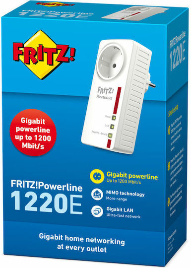 AVM Fritz!Powerline 1220E Powerline για Ενσύρματη Σύνδεση με Passthrough Πρίζα και 2 Θύρες Gigabit Ethernet