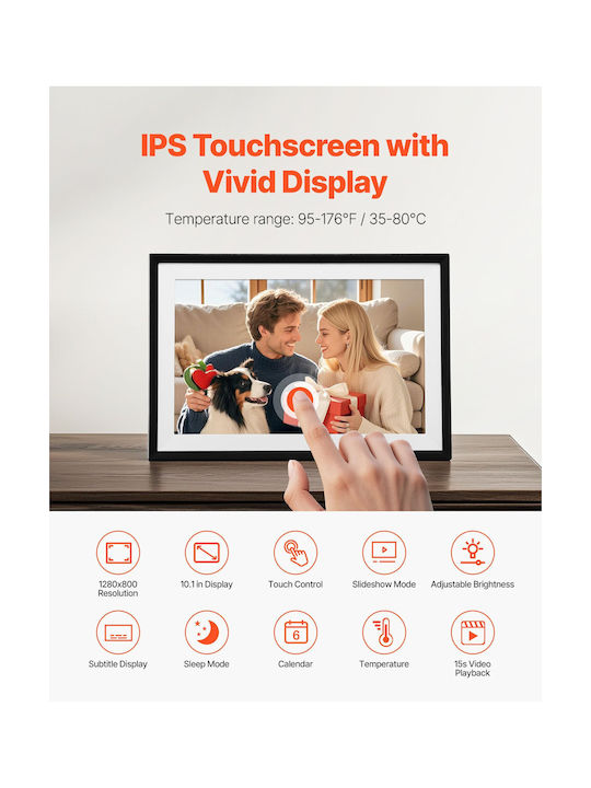 Vevor Digital Photo Frame with Touch Screen 10.1" Resolution 1280x800 with WiFi Black CKPSZXK101INQDCMO001V2