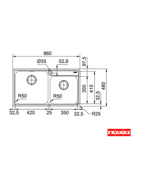 Franke Bell Bcx 620-42-35 Ένθετος Νεροχύτης Inox Μ86xΠ48cm Ασημί