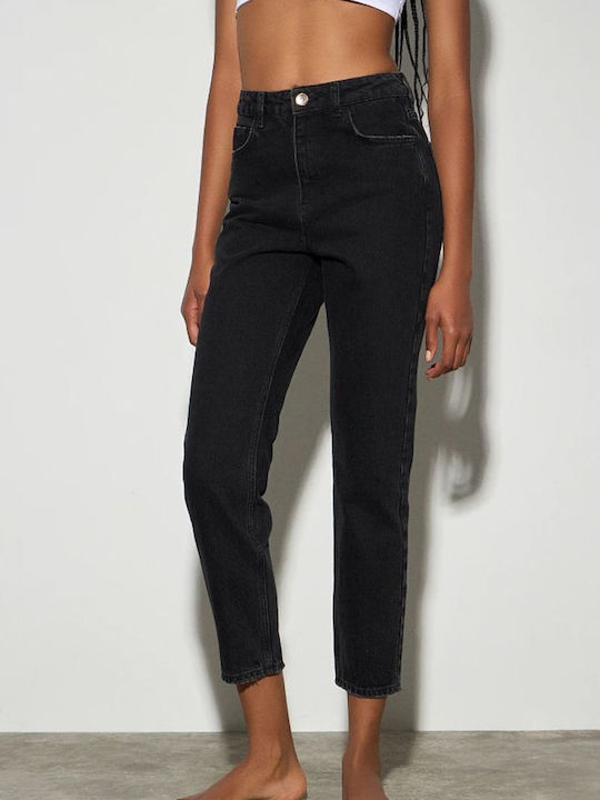 High Waist Women's Jean Trousers in Mom Fit Black Denim